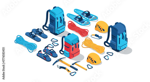 Essential winter hiking and climbing gear with isometric backpacks, snowshoes, ropes, helmets, and picks