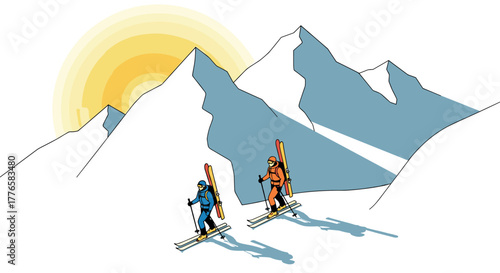 Alpine adventure skiers in the majestic mountains under a radiant sun