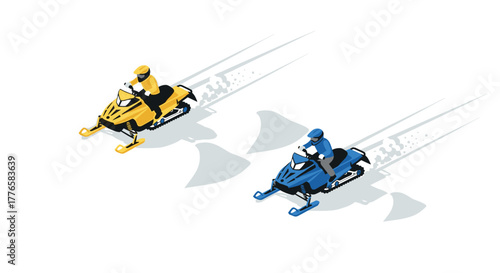 Isometric snowmobile riders racing on a winter landscape