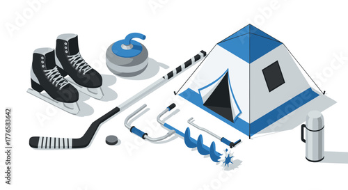 Winter sports and camping essentials in isometric design