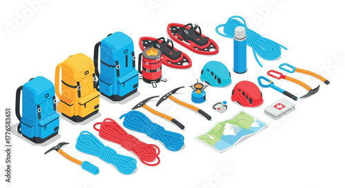 Essential climbing gear backpack, rope, and tools set in isometric design