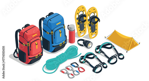 Isometric camping gear backpacks, snowshoes, tent, climbing equipment