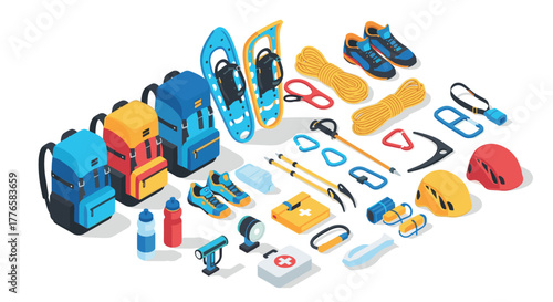 Outdoor adventure gear isometric camping and hiking equipment essentials