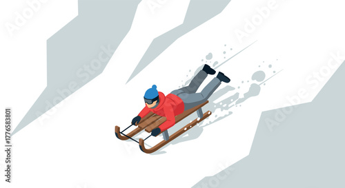 Winter thrill man sledding down snowy mountain in isometric style