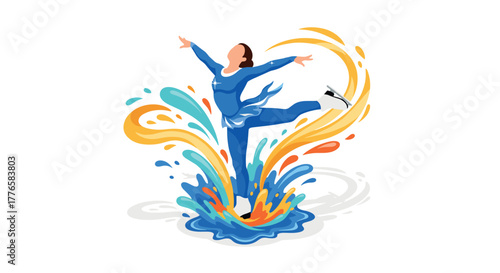 Colorful ice skater in motion with dynamic splash design