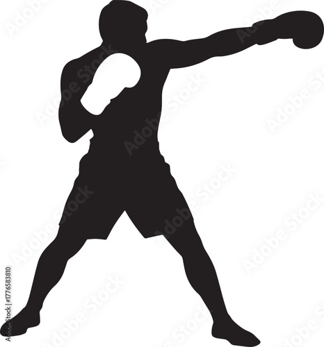 Boxer silhouette throwing straight punch wide stance powerful striking action sport vector outline