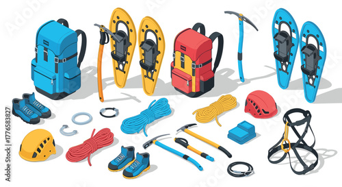 Essential equipment for winter hiking and mountaineering in isometric style