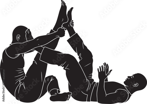Brazilian Jiu Jitsu Fighters Ground Guard Position Leg Lock Attempt Vector Outline Silhouette
