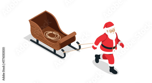 Isometric santa pulling sleigh with rope on white background