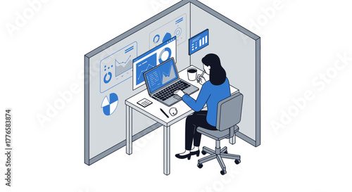 Businesswoman Working on Laptop in Office Cubicle.