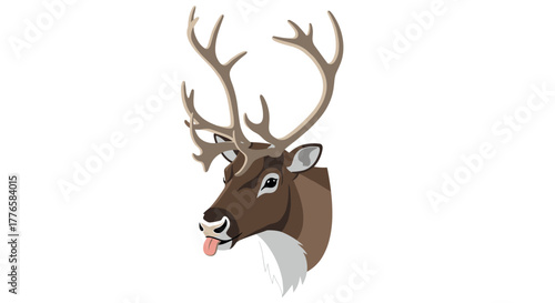 Cartoon reindeer head with antlers and tongue out in flat design