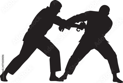 Judo practitioners grappling martial arts silhouette vector illustration uniform combat