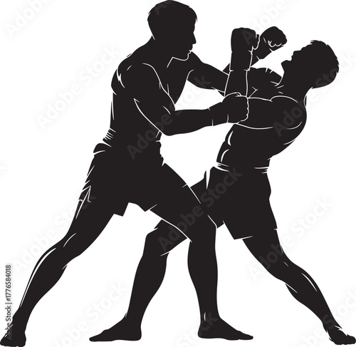 Kickboxer delivering powerful blow opponent recoiling fighting sport match vector silhouette