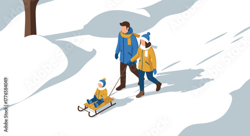 Family enjoying winter walk with child on sled in minimalist snowy landscape