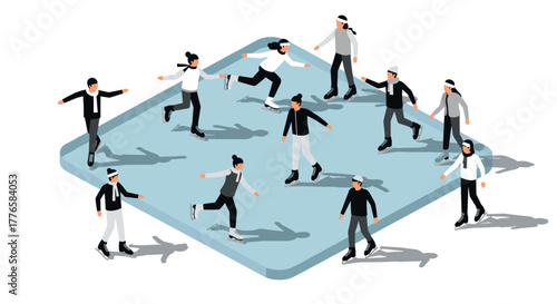 Isometric ice skaters enjoying a fun day on a frozen pond