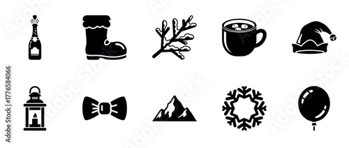 Winter icons collection: festive boot, hot drink, snowflake, lantern, mountain, balloon