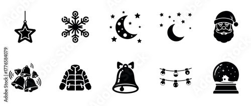Christmas icon set: star, snowflake, moon, santa, bells, jacket, garland, snow globe