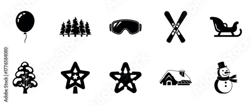 Set of winter and holiday-themed icons: balloon, trees, goggles, skis, sled, tree decor, stars, cabin, snowman