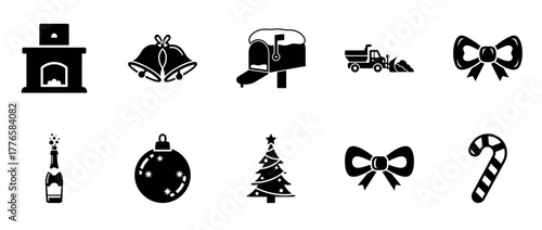 Festive christmas icons: fireplace, bells, mailbox, truck, ornament, tree, bows, candy cane