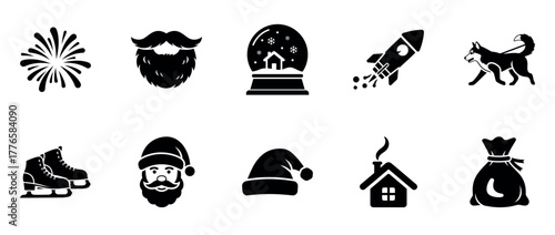 Winter icons: santa, rocket, husky, snow globe, fireworks, skate, beards, house, sack, hat