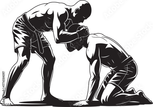 MMA fighters struggle standing athlete dominating kneeling opponent during extreme grappling session