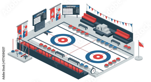 Isometric curling arena with detailed elements for sports enthusiasts