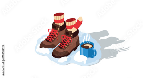 Cozy winter scene with boots, red socks, and hot drink on fresh snow