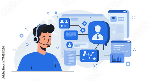 Friendly Customer Service Representative with Headset and Interface.