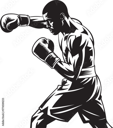 Professional boxer striking opponent with strong punch action silhouette vector graphic design