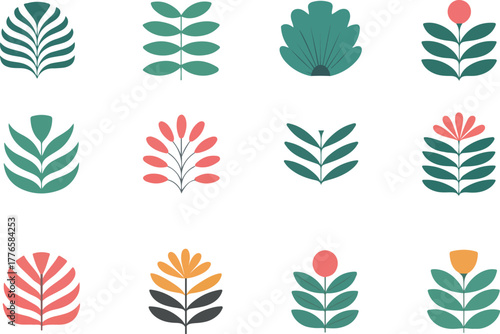 Set of abstract botanical leaf and flower icons leaves