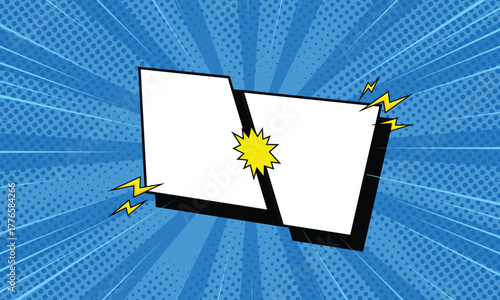 Vector template of a comic book "VS" or clash scene with two blank speech bubbles over a blue halftone sunburst background and a central explosion graphic.