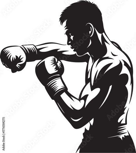 Professional fighter silhouette performing powerful jab punch boxing training vector illustration
