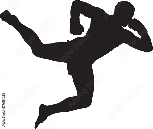 Professional fighter silhouette executing high jumping kick combat sport martial arts dynamic movement vector