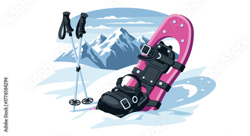 Winter sports adventure snowshoes and poles in scenic mountain landscape