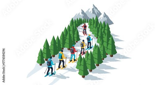 Skiers in winter landscape among pine trees with snowy mountains in isometric style