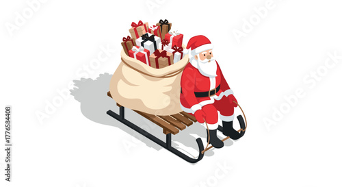 Isometric santa on sleigh with gift sack for christmas design