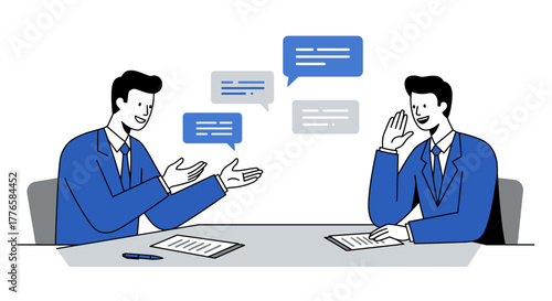 Business Professionals Discussing Ideas with Speech Bubbles.