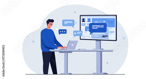 Man Working on Laptop with Chat Bubbles.