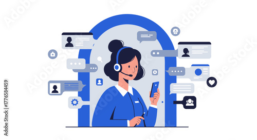 Customer Service Representative with Headset and Smartphone.