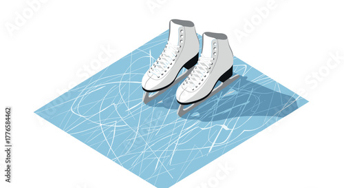 Ice skates on scratched ice surface with cast shadows in isometric style