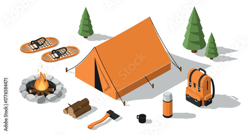 Isometric camping essentials with tent, campfire, and gear for outdoor adventure