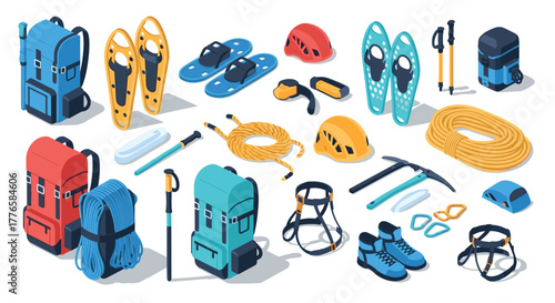 Isometric hiking gear collection with backpacks and equipment for outdoor adventures