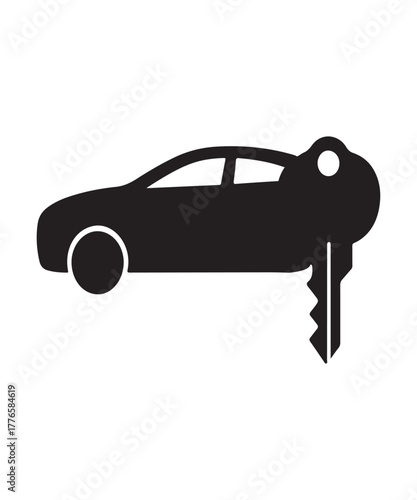 A minimalist black silhouette vector icon depicting a car and a key