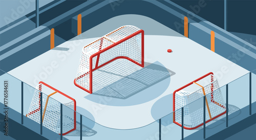 Isometric hockey rink with nets and puck under minimalist lighting