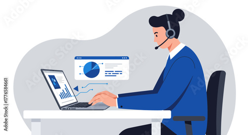 Customer Service Representative Working on Laptop with Headset.