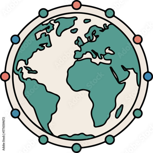 Stylized Earth Globe with Orbiting Dots Keywords: earth, globe, world, planet, geography