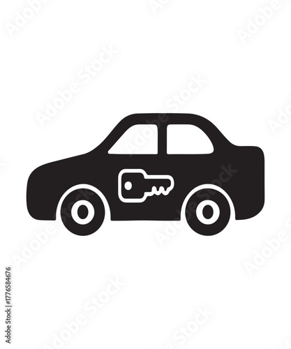 A minimalist black silhouette icon of a car with a key symbol inside
