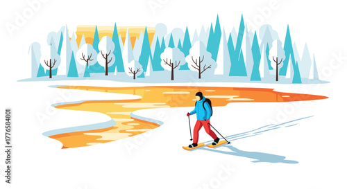 Winter adventure modern flat design of snowy landscape with skier and frozen lake