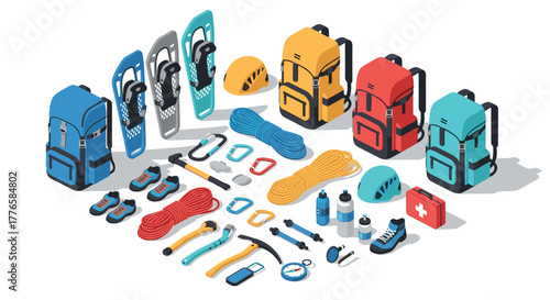 Colorful isometric camping gear and equipment set featuring backpacks and hiking essentials