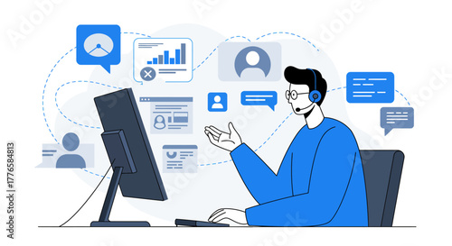 Customer Service Representative Working with Computer and Headset.